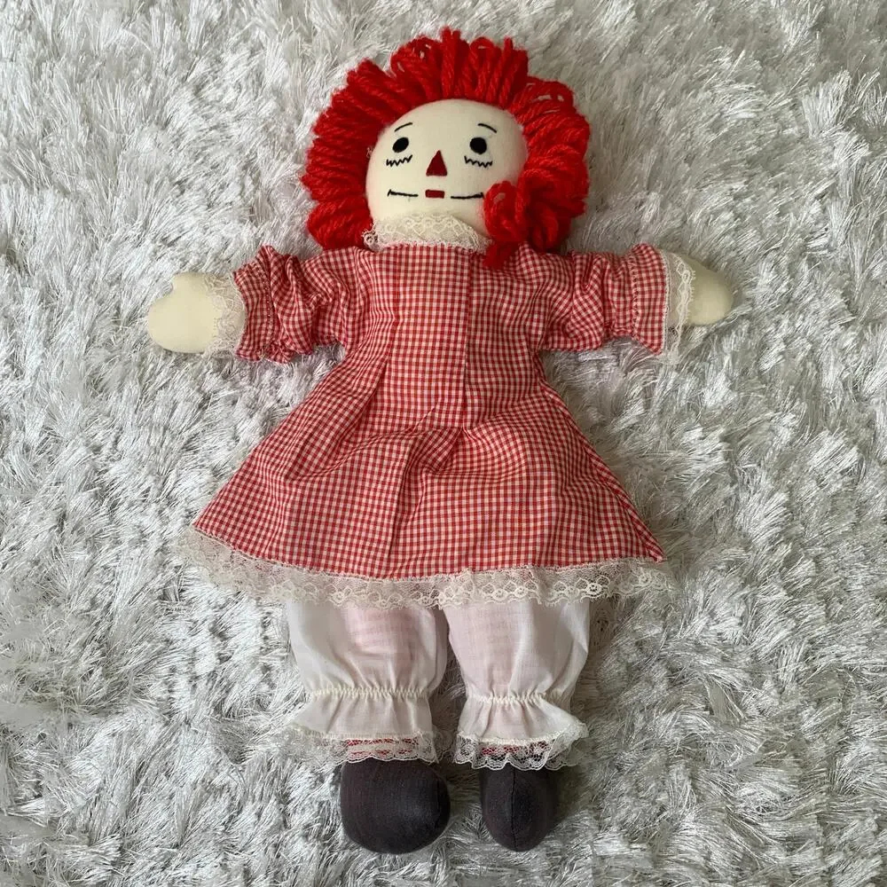 Handmade Raggedy Ann Doll Red Gingham Dress Lace and Bloomers 15